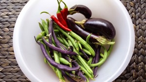 Fresh chillies, eggplants, beans for the asian bean salad
